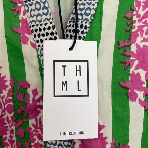 THML Women’s Tie Waist Puff Sleeves Dress with Green and Pink Floral Stripes L - Picture 5 of 10